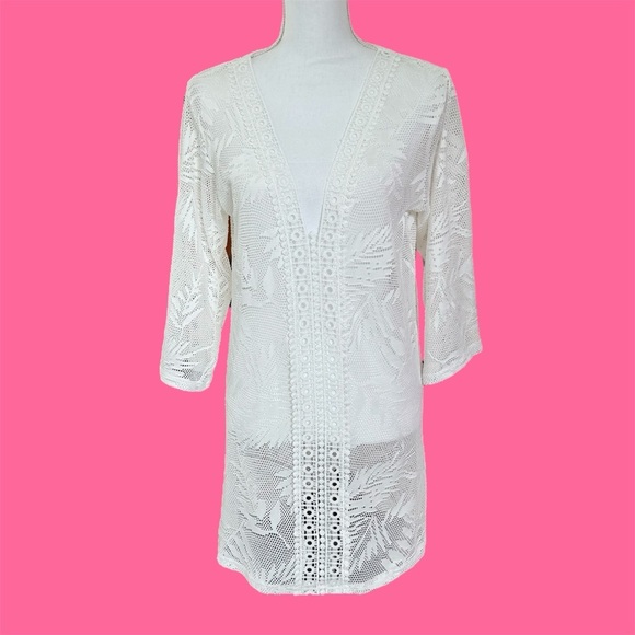 🎁 A&S White Lace Patterned Swim Cover-up Pullover 3/4 Bell Sleeves Size M NWT - Picture 2 of 7
